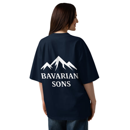 Bavarian Sons Damen Oversized T-Shirt in Dunkelblau mit Bavarian-Sons-Design auf der Rückseite