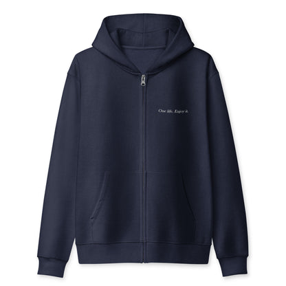 Bavarian Sons Unisex Full-Zip-Hoodie in Dunkelblau mit Bavarian-Sons-Slogan